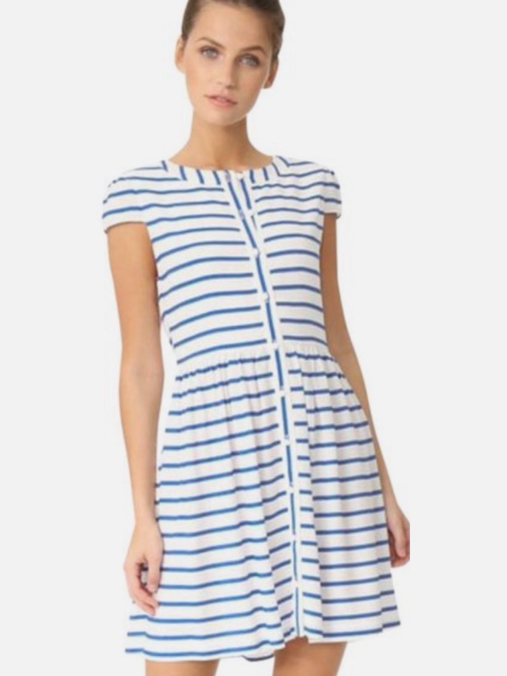 Alice + Olivia White and Blue Striped Cap-Sleeve Mini Dress